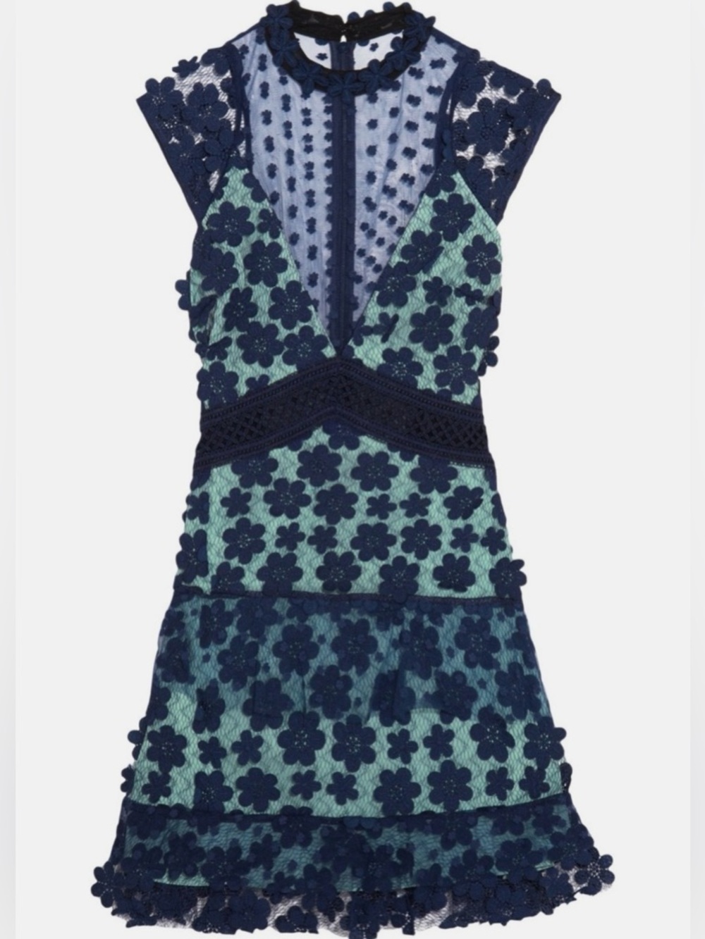 Self Portrait Floral Lace Fit & Flare Mini Dress in Navy and Mint